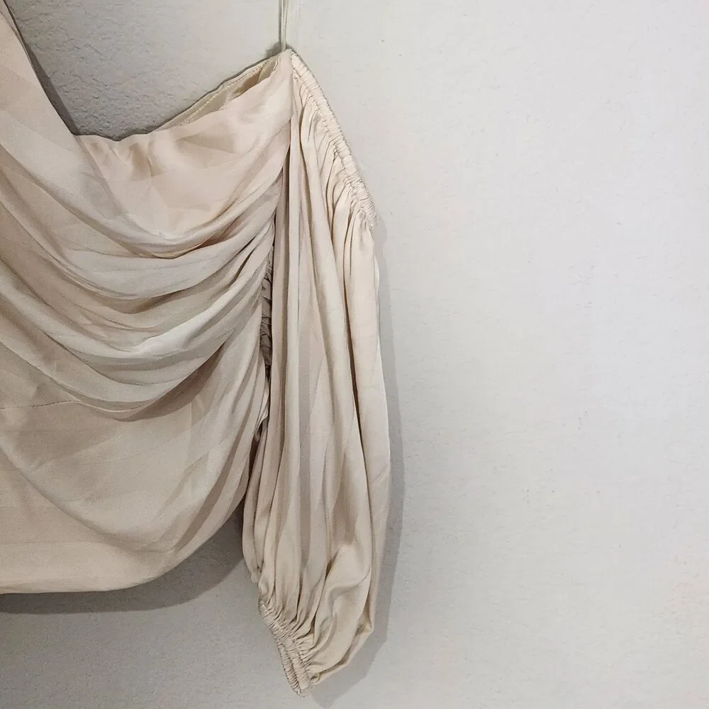 DO+BE One Shoulder Satin Blouse Women's M Ivory Ruched Puff Sleeve Party Top